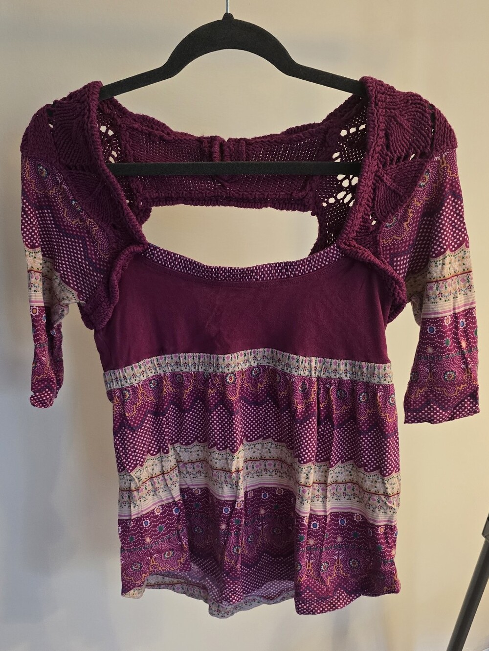 Free People Vintage Pink Patterned Crochet Square Neck Top Size M